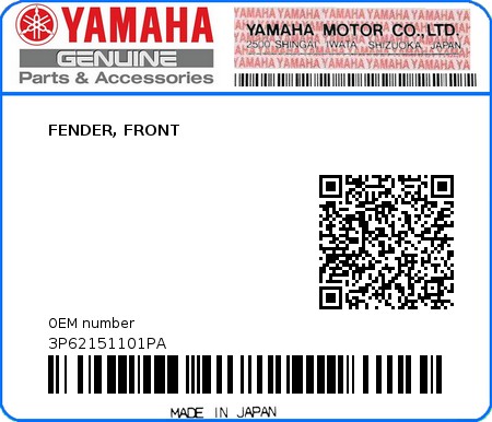 Product image: Yamaha - 3P62151101PA - FENDER, FRONT  0