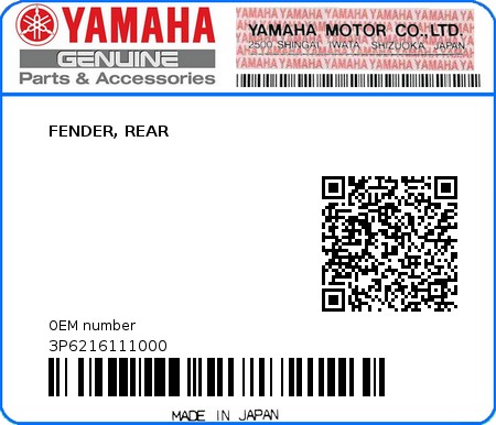 Product image: Yamaha - 3P6216111000 - FENDER, REAR  0