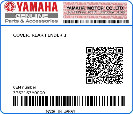 Product image: Yamaha - 3P62163A0000 - COVER, REAR FENDER 1  0