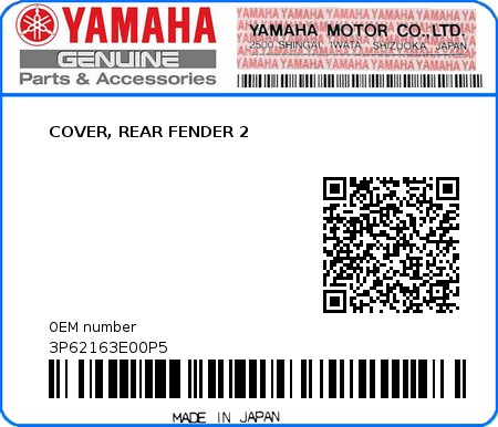 Product image: Yamaha - 3P62163E00P5 - COVER, REAR FENDER 2  0