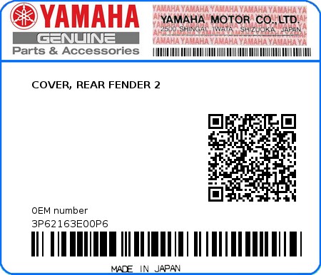 Product image: Yamaha - 3P62163E00P6 - COVER, REAR FENDER 2  0