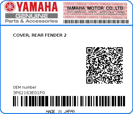 Product image: Yamaha - 3P62163E01P0 - COVER, REAR FENDER 2  0