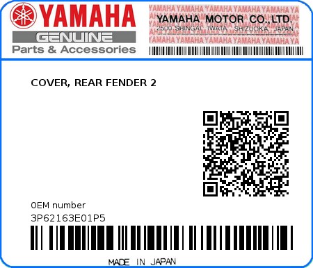 Product image: Yamaha - 3P62163E01P5 - COVER, REAR FENDER 2  0