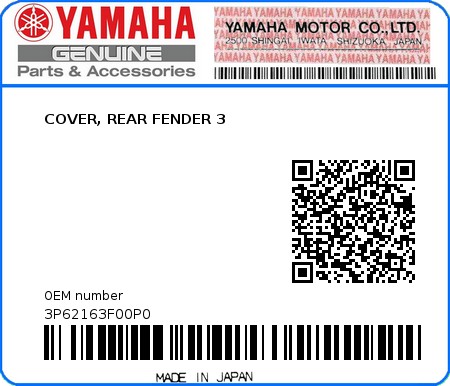 Product image: Yamaha - 3P62163F00P0 - COVER, REAR FENDER 3  0