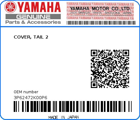Product image: Yamaha - 3P62472K00P6 - COVER, TAIL 2  0