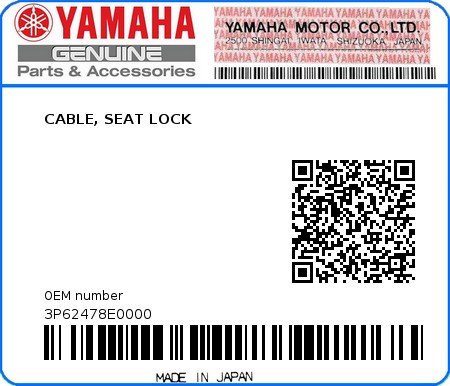 Product image: Yamaha - 3P62478E0000 - CABLE, SEAT LOCK  0