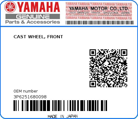 Product image: Yamaha - 3P6251680098 - CAST WHEEL, FRONT  0