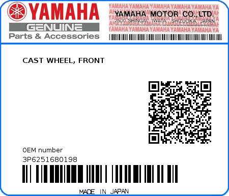 Product image: Yamaha - 3P6251680198 - CAST WHEEL, FRONT  0