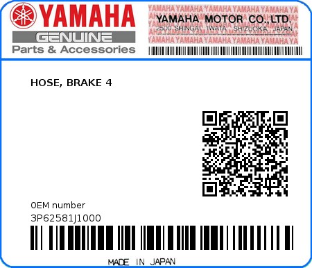 Product image: Yamaha - 3P62581J1000 - HOSE, BRAKE 4  0