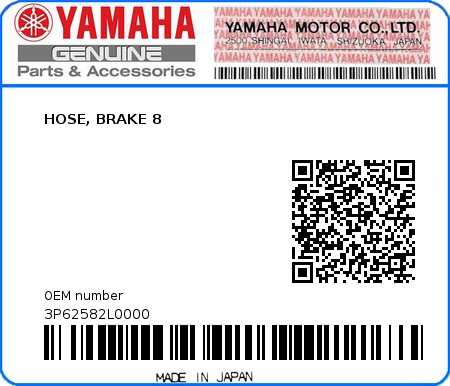 Product image: Yamaha - 3P62582L0000 - HOSE, BRAKE 8  0