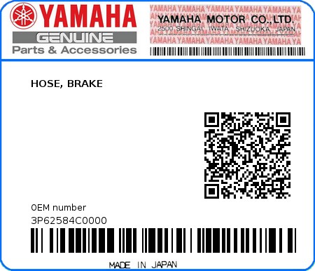 Product image: Yamaha - 3P62584C0000 - HOSE, BRAKE  0