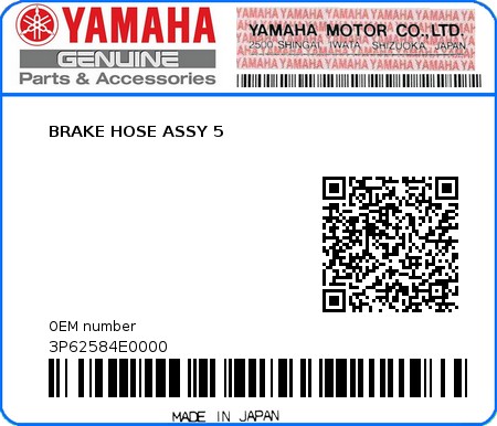 Product image: Yamaha - 3P62584E0000 - BRAKE HOSE ASSY 5  0