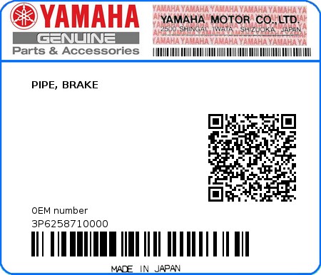 Product image: Yamaha - 3P6258710000 - PIPE, BRAKE  0