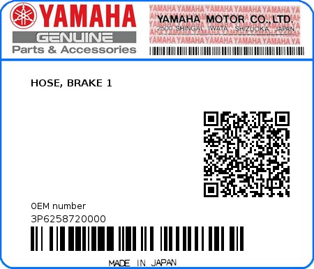 Product image: Yamaha - 3P6258720000 - HOSE, BRAKE 1  0
