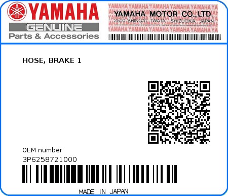 Product image: Yamaha - 3P6258721000 - HOSE, BRAKE 1  0