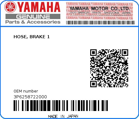 Product image: Yamaha - 3P6258722000 - HOSE, BRAKE 1  0