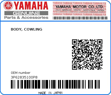 Product image: Yamaha - 3P62835100P8 - BODY, COWLING  0