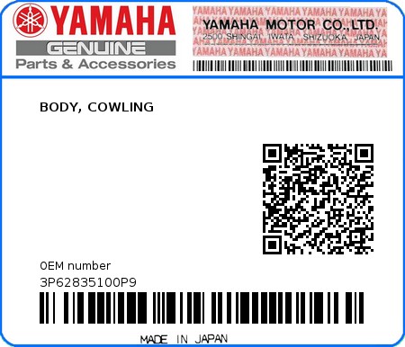 Product image: Yamaha - 3P62835100P9 - BODY, COWLING  0