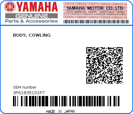 Product image: Yamaha - 3P62835101P7 - BODY, COWLING  0