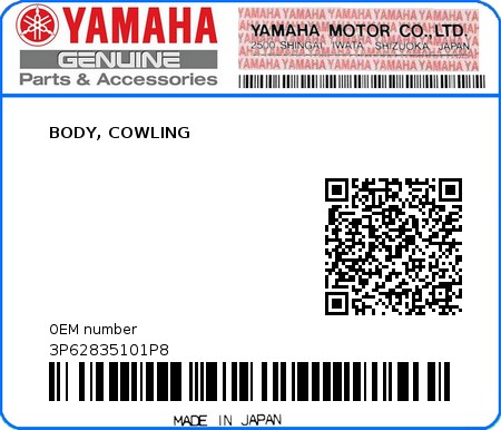 Product image: Yamaha - 3P62835101P8 - BODY, COWLING  0