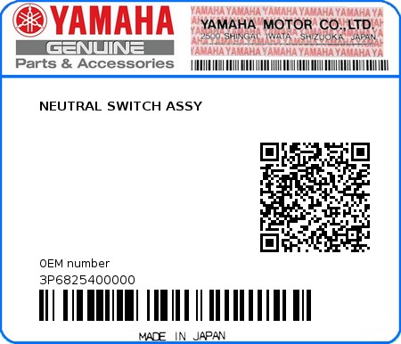 Product image: Yamaha - 3P6825400000 - NEUTRAL SWITCH ASSY  0