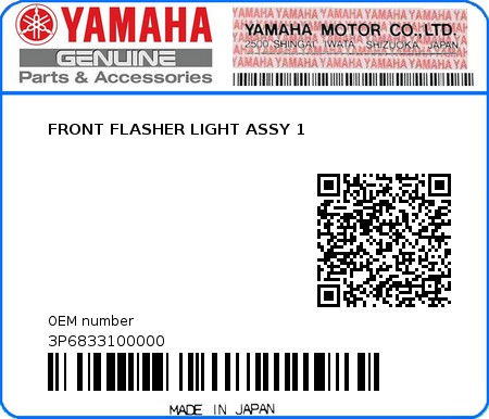 Product image: Yamaha - 3P6833100000 - FRONT FLASHER LIGHT ASSY 1  0