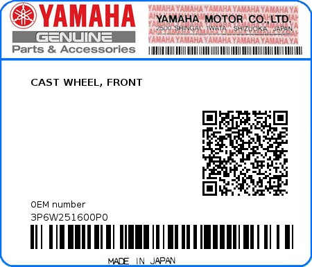 Product image: Yamaha - 3P6W251600P0 - CAST WHEEL, FRONT  0