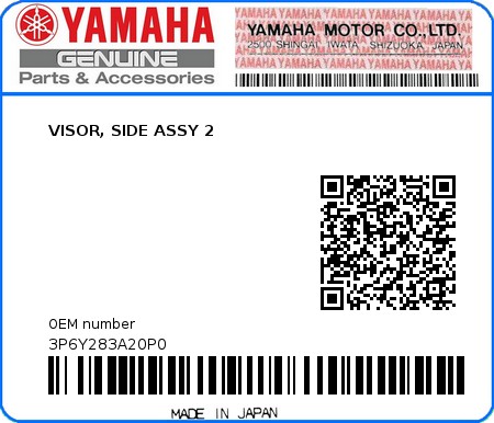 Product image: Yamaha - 3P6Y283A20P0 - VISOR, SIDE ASSY 2  0