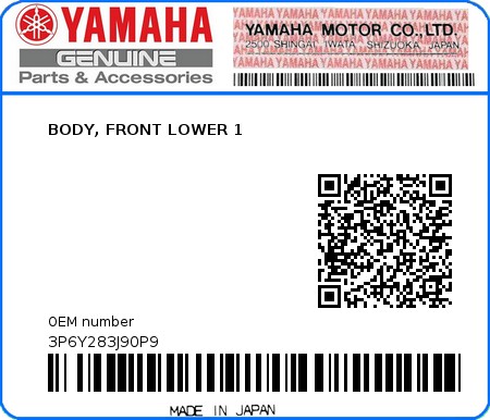 Product image: Yamaha - 3P6Y283J90P9 - BODY, FRONT LOWER 1  0