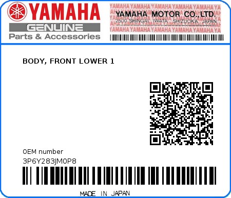 Product image: Yamaha - 3P6Y283JM0P8 - BODY, FRONT LOWER 1  0
