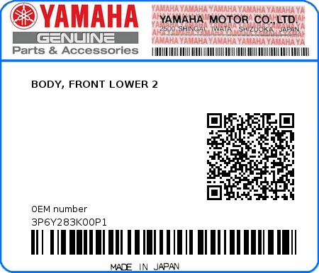 Product image: Yamaha - 3P6Y283K00P1 - BODY, FRONT LOWER 2  0