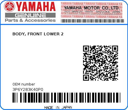 Product image: Yamaha - 3P6Y283K40P0 - BODY, FRONT LOWER 2  0