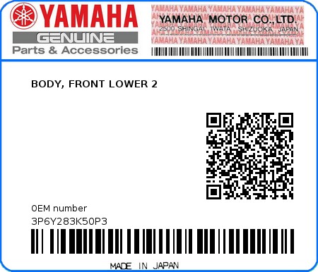 Product image: Yamaha - 3P6Y283K50P3 - BODY, FRONT LOWER 2  0