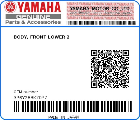 Product image: Yamaha - 3P6Y283K70P7 - BODY, FRONT LOWER 2  0