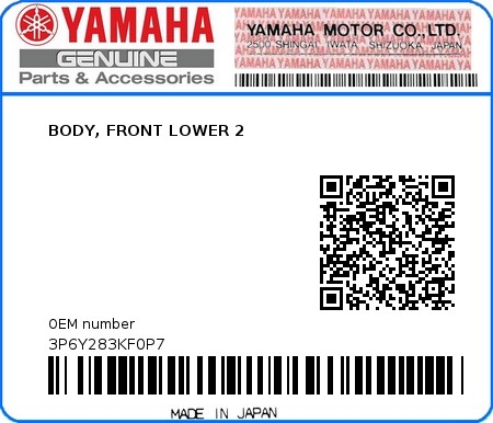 Product image: Yamaha - 3P6Y283KF0P7 - BODY, FRONT LOWER 2  0