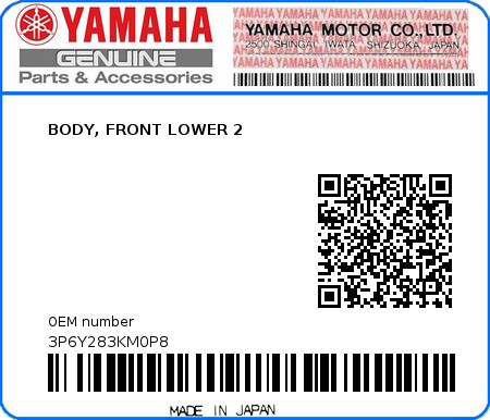 Product image: Yamaha - 3P6Y283KM0P8 - BODY, FRONT LOWER 2  0