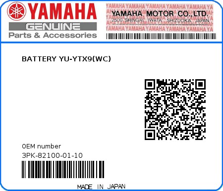 Product image: Yamaha - 3PK-82100-01-10 - BATTERY YU-YTX9(WC)  0