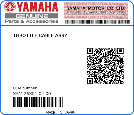 Product image: Yamaha - 3RM-26301-02-00 - THROTTLE CABLE ASSY  0
