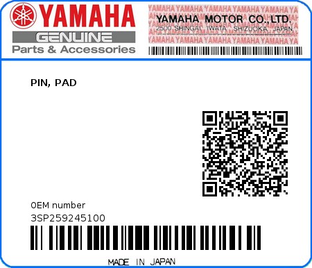 Product image: Yamaha - 3SP259245100 - PIN, PAD  0