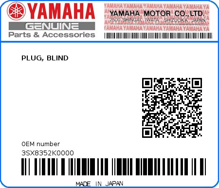 Product image: Yamaha - 3SX8352K0000 - PLUG, BLIND  0
