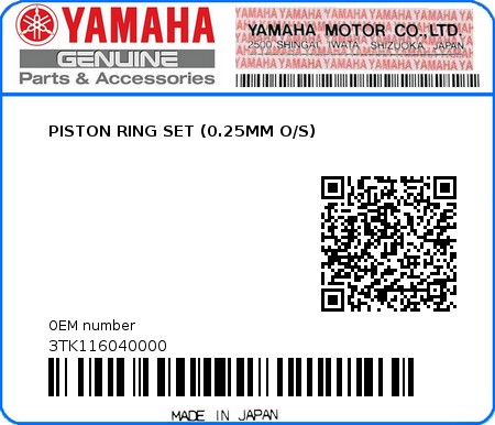 Product image: Yamaha - 3TK116040000 - PISTON RING SET (0.25MM O/S)  0