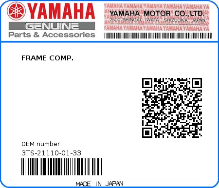 Product image: Yamaha - 3TS-21110-01-33 - FRAME COMP.  0