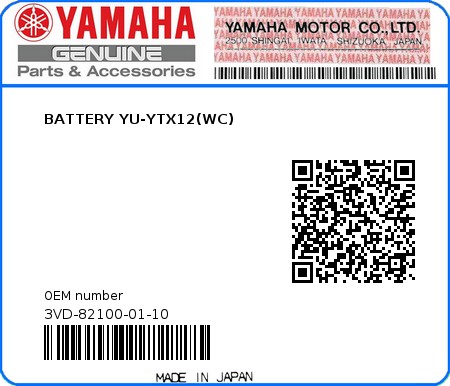 Product image: Yamaha - 3VD-82100-01-10 - BATTERY YU-YTX12(WC)  0