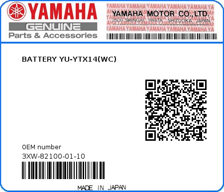 Product image: Yamaha - 3XW-82100-01-10 - BATTERY YU-YTX14(WC)  0