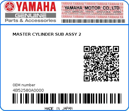 Product image: Yamaha - 4B52580A0000 - MASTER CYLINDER SUB ASSY 2  0
