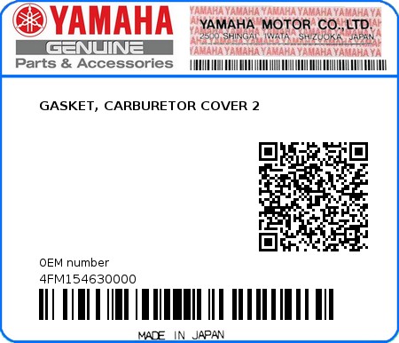 Product image: Yamaha - 4FM154630000 - GASKET, CARBURETOR COVER 2  0