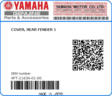 Product image: Yamaha - 4PT-2163A-01-00 - COVER, REAR FENDER 1  0