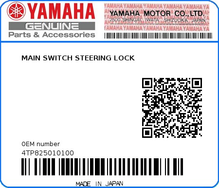 Product image: Yamaha - 4TP825010100 - MAIN SWITCH STEERING LOCK  0