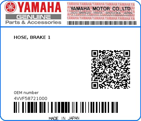 Product image: Yamaha - 4VVF58721000 - HOSE, BRAKE 1  0