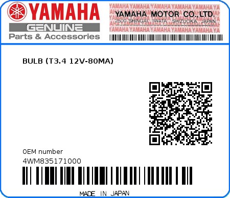 Product image: Yamaha - 4WM835171000 - BULB (T3.4 12V-80MA)  0